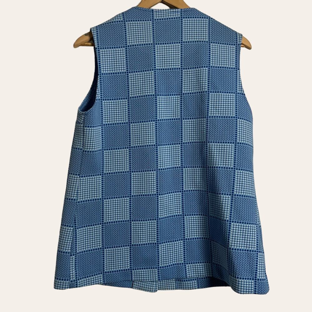 70’s Vintage Blue Checkered Print Sleeveless Button Front Vest Size L - Picture 3 of 5